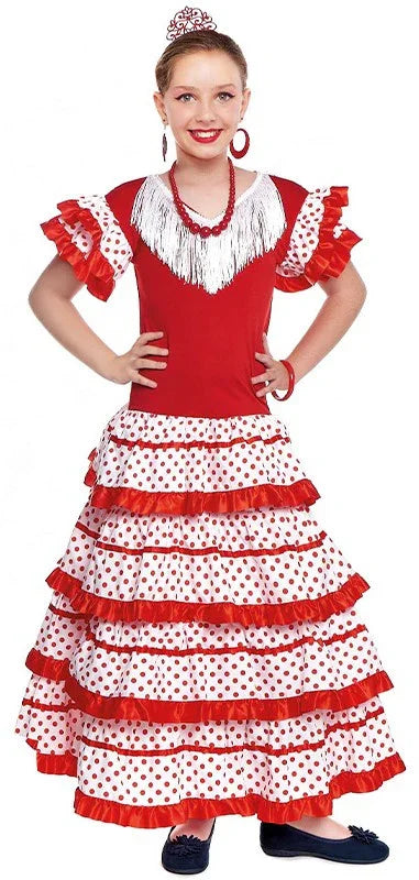 Disfraz de Sevillana Blanco y Rojo para Niña Sevillanas y Flamencas Infantiles Partilandia